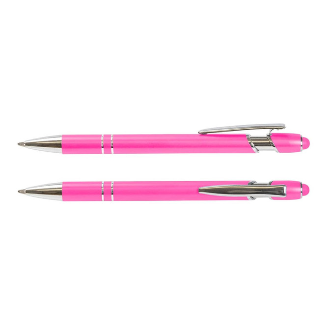 A pair of pink stylus pens with silver accents and a sleek design. One pen is capped while the other is click-style.