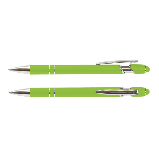 A green stylus pen with a shiny silver clip and accents, showcasing a sleek design and a logo.