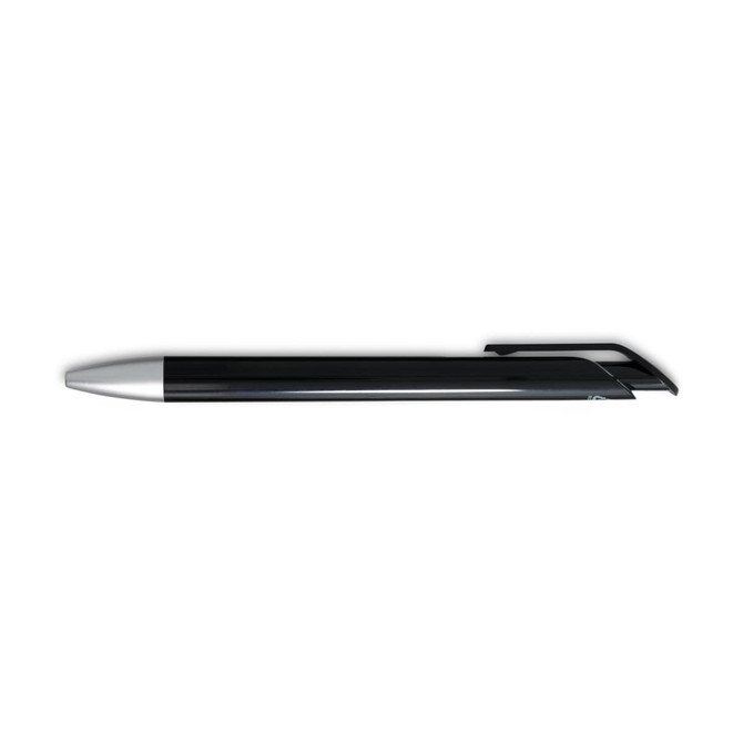 A black gel ink pen with a silver tip and clip, featuring a sleek, modern design and a logo on the body.