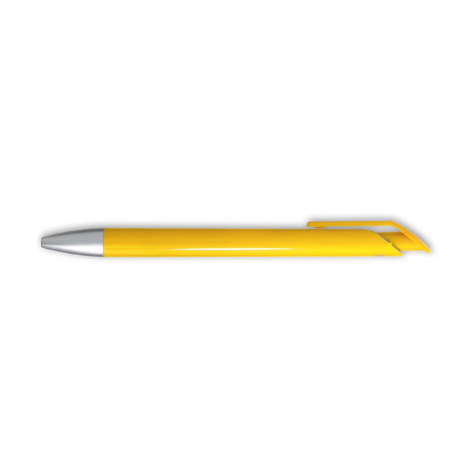 A yellow gel ink pen with a silver tip and a clip for easy attachment. Features a sleek design and branding.