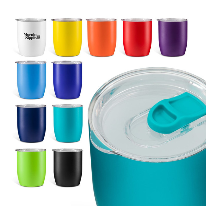 A collection of multi-coloured coffee cups with lids, featuring various colours including yellow, orange, purple, blue, and green.