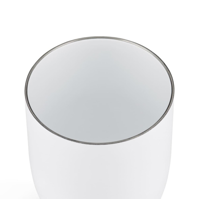 A white coffee cup with a smooth finish and a metallic rim. It features a logo on the surface.