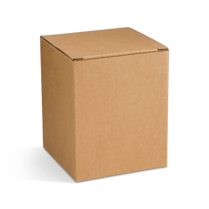 A plain brown cardboard box with a square shape, featuring a top flap for closure.