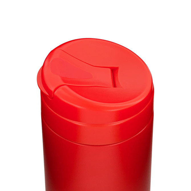 A red coffee cup with a secure lid, featuring a logo.