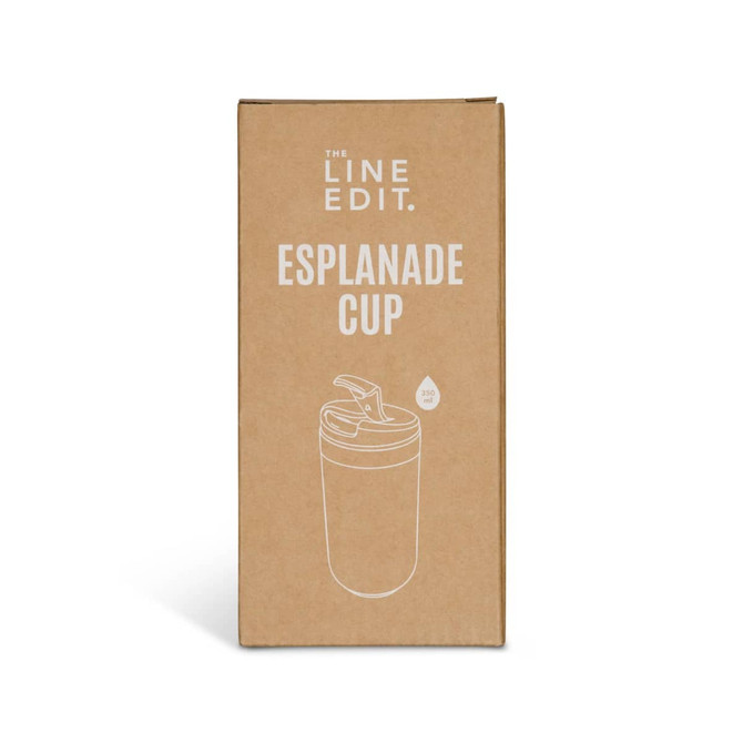 A coffee cup packaging in cream with a lid, featuring a simple logo and a water droplet design.