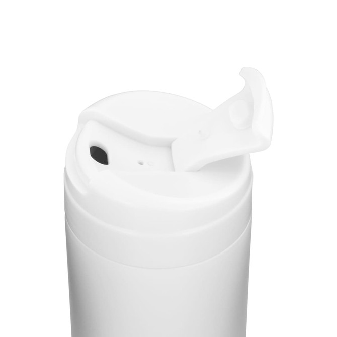 A white reusable coffee cup with a flip-top lid and a sleek design. It features a logo on one side.