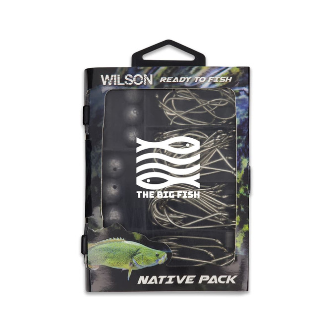 A fishing tackle pack with silver hooks, sinkers, and a logo, featuring a water-themed background.