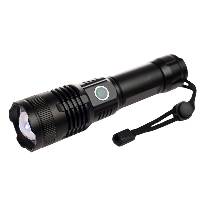 A black flashlight with a textured grip, featuring a strap and a push-button switch. It has a sleek design and a bright lens.