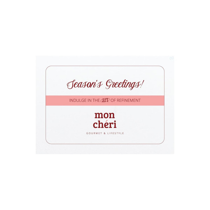 A rectangular card featuring a white background with red text and a logo. The design conveys a festive greeting.