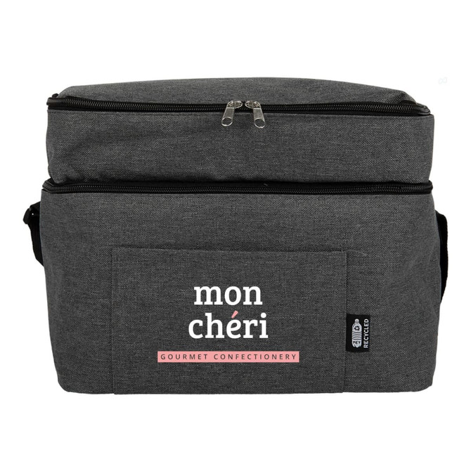 A grey insulated bag with a zippered top and a pocket featuring a logo.