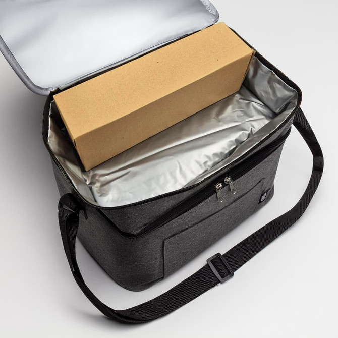 A grey cooler bag with a silver lining, containing a plain cardboard box inside.