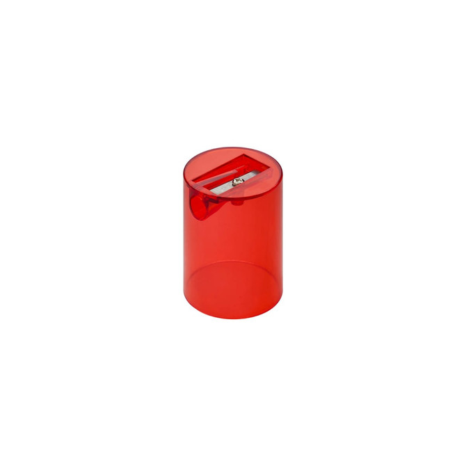 A bright red pencil sharpener in a cylindrical, translucent container, featuring a metal blade at the top.
