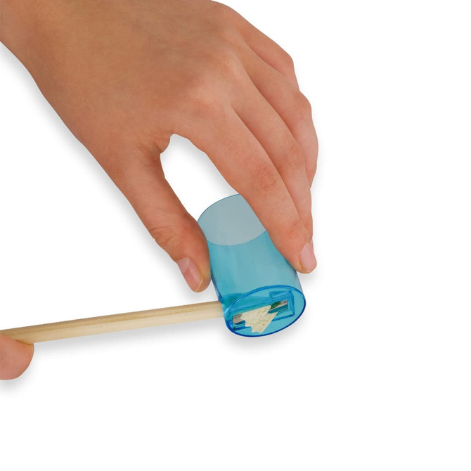 A hand holds a transparent blue tube containing long coloured pencils, with one pencil partially extended.