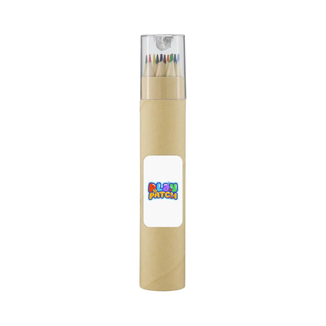 A tube containing long pencils in various colours, with a clear lid and a label displaying a logo.
