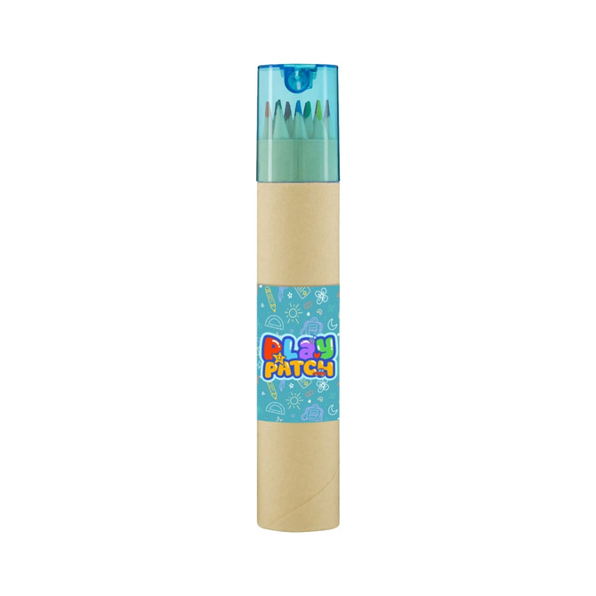 A tube containing long coloured pencils in various shades, capped with a clear blue lid and featuring a decorative label.