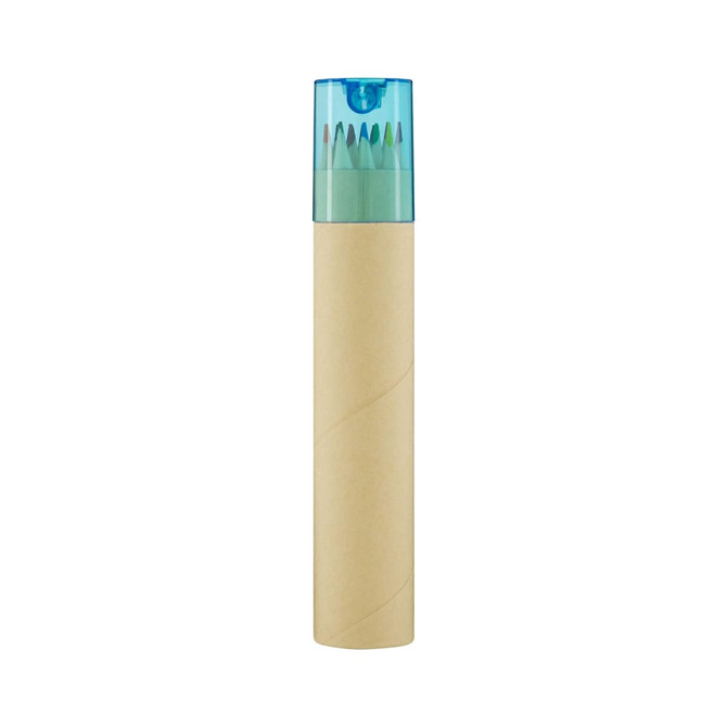 A tube containing long coloured pencils with a transparent blue cap. The tube is made of brown cardboard.