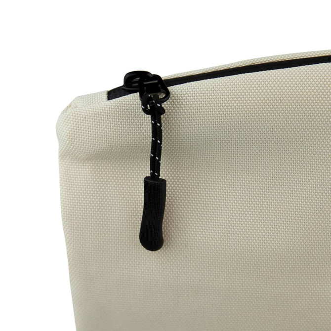A small cosmetic bag in cream colour with a black zipper and a textured fabric appearance. Features a logo.