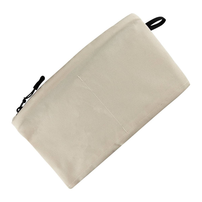 A large beige cosmetic bag with a zipper closure and a small loop attachment. It features a plain design.
