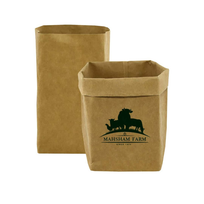 A large kraft paper storage bag in brown with a logo featuring animals on one side. Two bags are displayed.