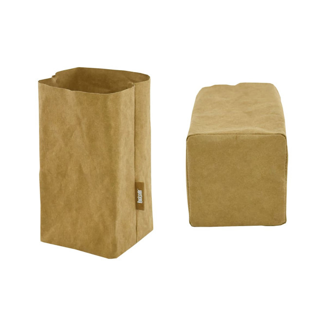 A medium kraft paper storage bag in a natural brown colour with a logo on the side.