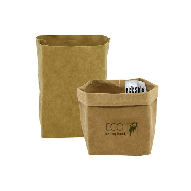 A small, brown Kraft paper storage bag with a fold-over top and a logo on the front. Two bags are displayed.