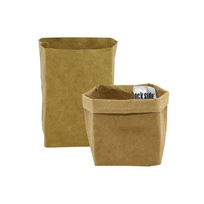 Two small kraft paper storage bags in a brown colour, one slightly larger than the other, with a logo visible.
