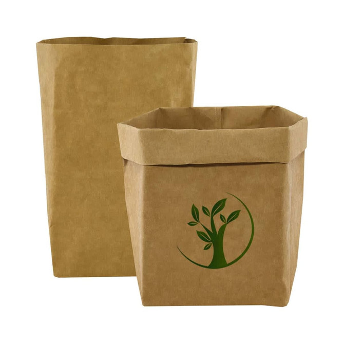 A kraft paper storage bag in brown with a green logo, featuring a foldable design and square shape.