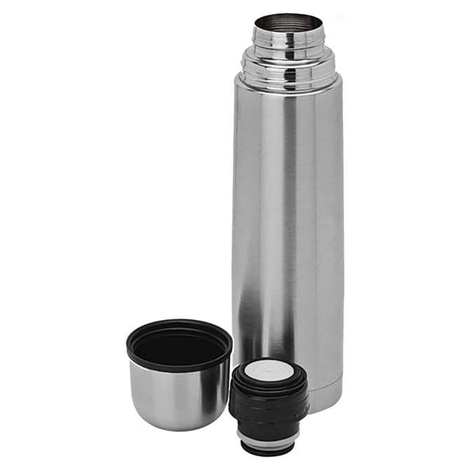 A drink bottle in silver, featuring a removable lid and inner cup, designed for holding liquids.