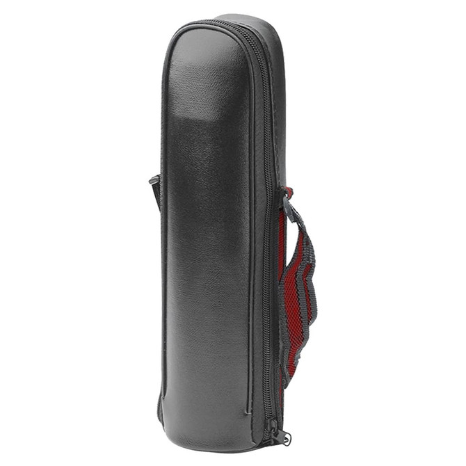 A drink bottle carrier in black with a zip closure and red detailing. It features a handle for easy carrying.