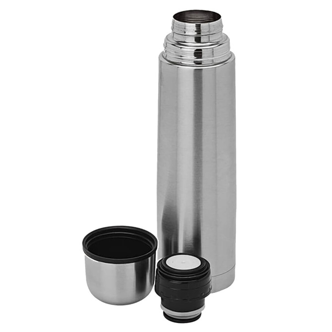 A drink bottle in silver with a removable lid and cup, made of stainless steel. Features a logo on the side.