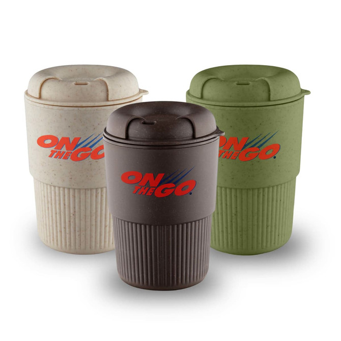A drink bottle trio in cream, brown, and green, featuring ribbed bases and a logo on the front.