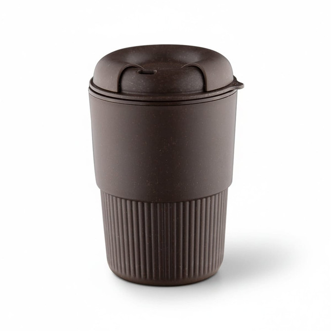 A drink bottle in a dark brown colour with a ribbed design and a secure lid. Features a branding logo.
