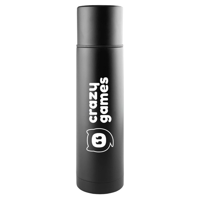 A drink bottle in black featuring a logo and a sleek, cylindrical design. Ideal for holding beverages.