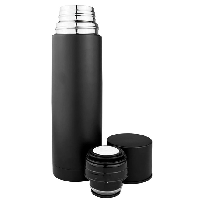 A drink bottle in matte black with a silver cap, accompanied by a black cup and a matching lid. It features a logo.