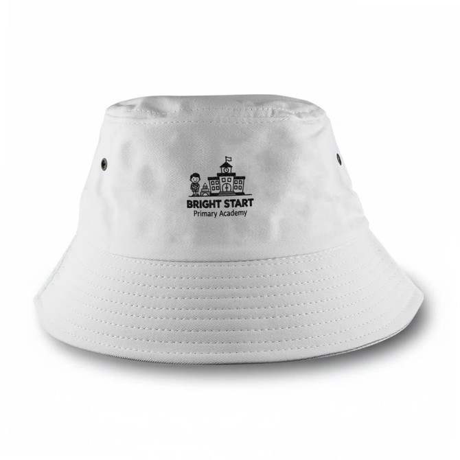 A white bucket hat featuring a logo and a wide brim, designed for outdoor wear.