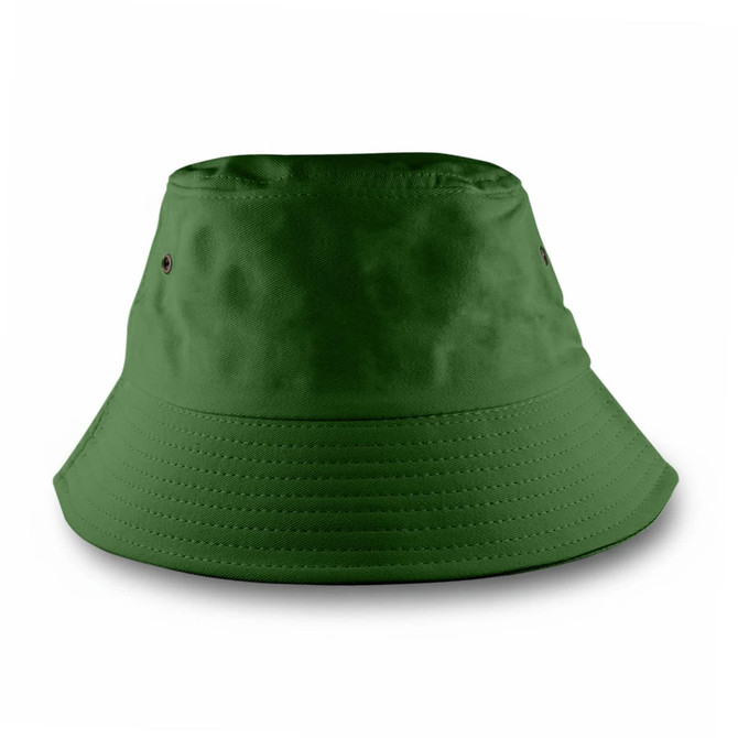 A green bucket hat with a wide brim and ventilation holes, featuring a logo on the front.