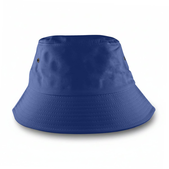 A blue bucket hat with a rounded top and a wide, downward-sloping brim. It features ventilation holes.