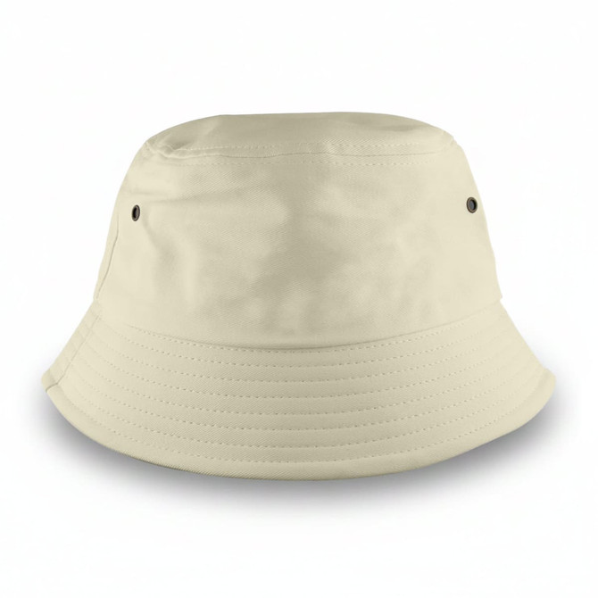 A medium, beige bucket hat featuring ventilation eyelets and a flat brim. It has a branding logo.