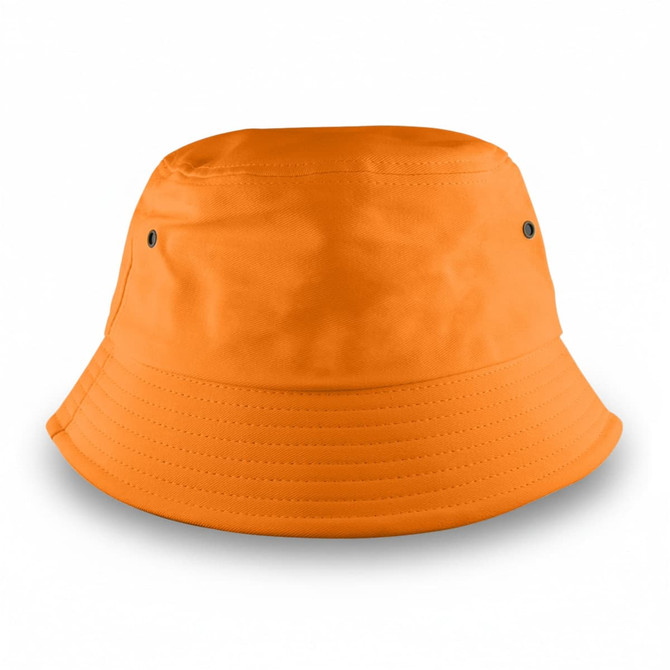 An orange bucket hat featuring a simple design and metal eyelets for ventilation.