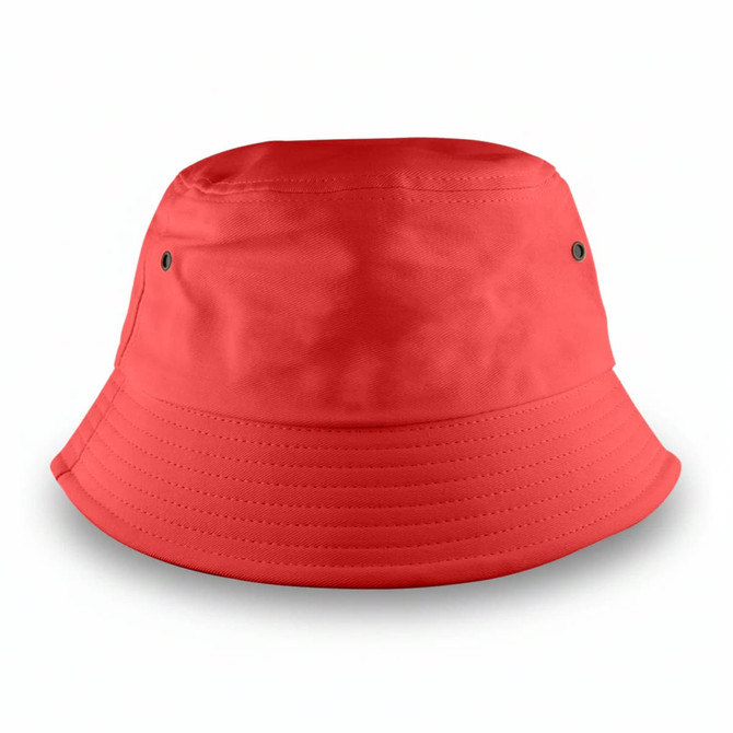 A medium-sized bucket hat in bright red with two side vents and a smooth finish. It features a logo on the exterior.