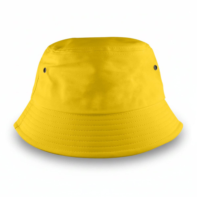 A yellow bucket hat with a wide brim and two black eyelets, featuring a simple design without any visible branding.