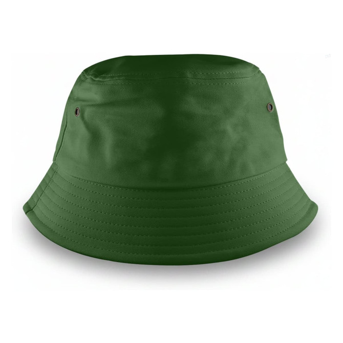 A green bucket hat with a wide brim and eyelets, Featuring a logo on the side.