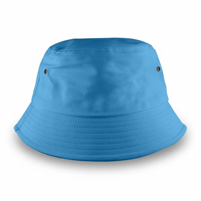 A blue bucket hat featuring a wide brim and small ventilation holes. It includes a discreet logo.