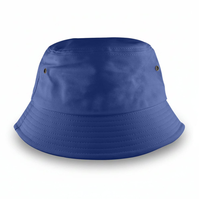A blue bucket hat with a wide brim, featuring two metal eyelets on the sides.