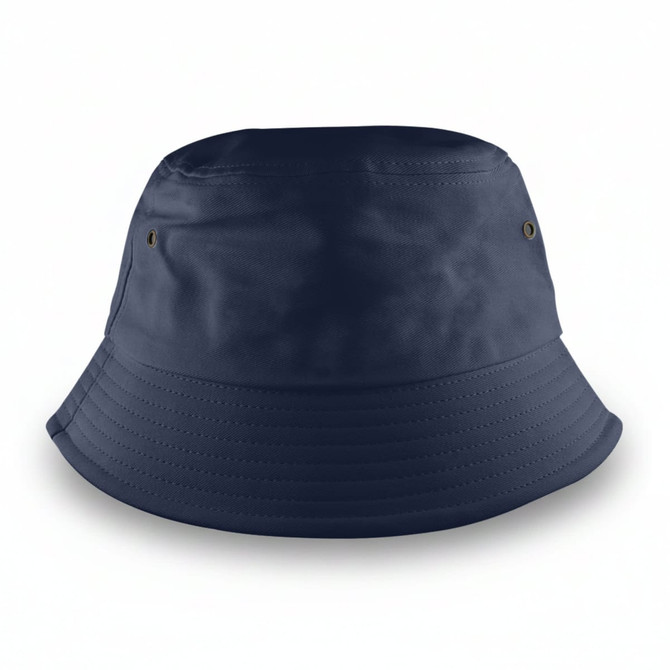 A navy blue bucket hat with a rounded crown and wide brim, featuring a logo.