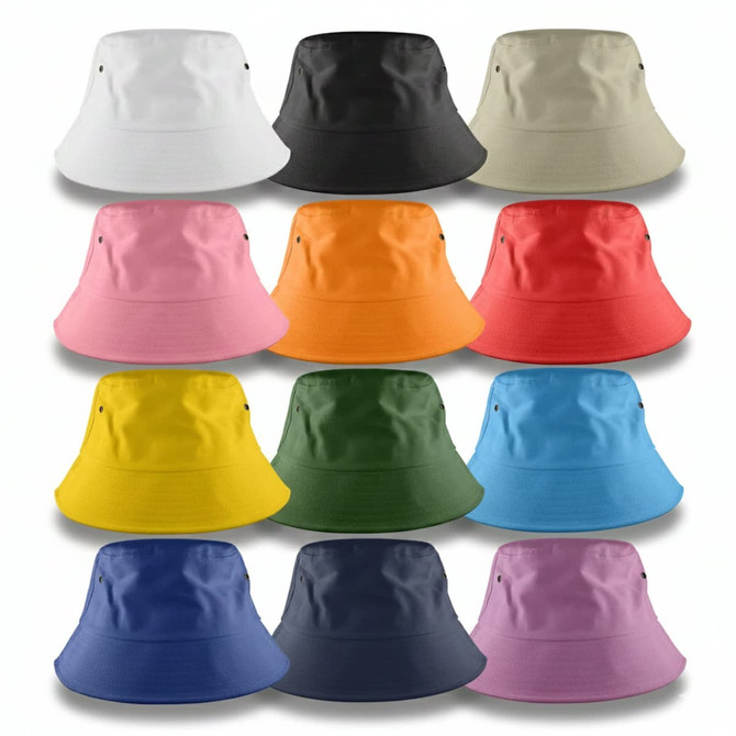A collection of bucket hats in various colours: white, black, beige, pink, orange, red, yellow, green, blue, and purple. Each hat has a logo.