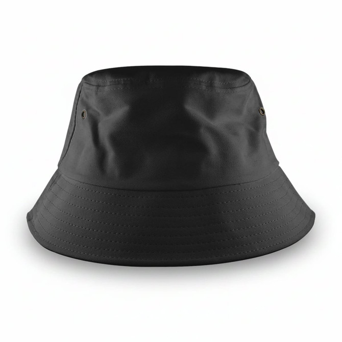 A black bucket hat with a wide brim and ventilation holes, featuring branding on the side.
