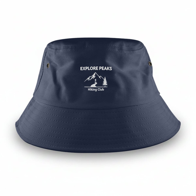 A navy blue bucket hat with a logo featuring mountains and the text "EXPLORE PEAKS Hiking Club."