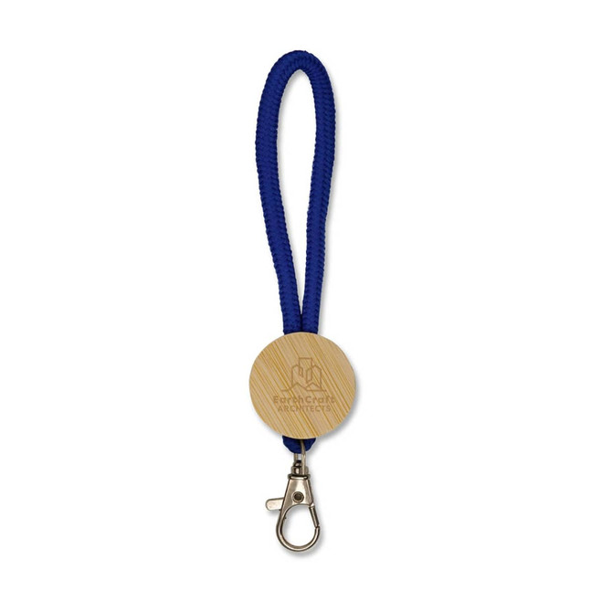 A blue keytag featuring a bamboo circular attachment and a metal clip for easy fastening.