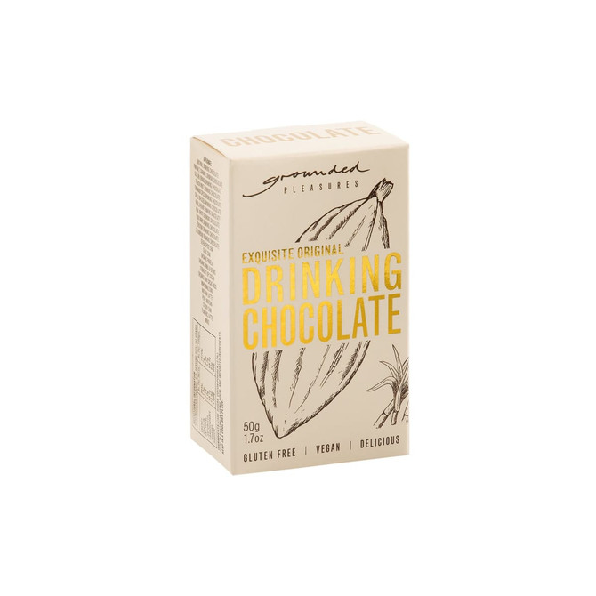 A box of drinking chocolate with a light beige background, featuring illustrations of cocoa pods. It has a logo.